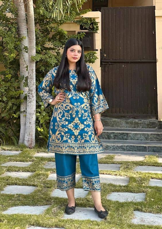 Chic Teal Black Printed Linen Shirt And Trouser Set for women 0