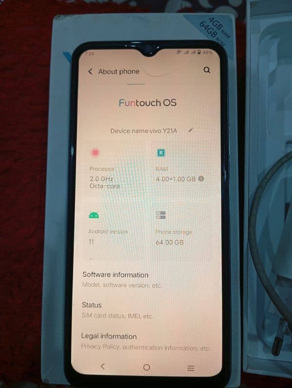 Vivo y21A box with charger 10/10 all ok 4/64 10