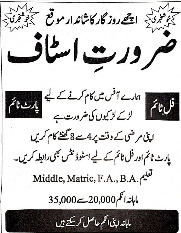 vacancy available for part time & full time work 0