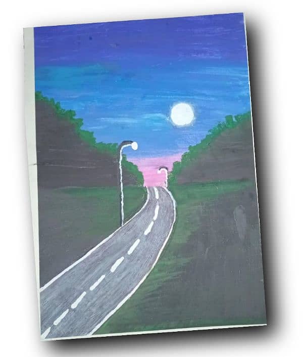 Moonlit Pathway: A Scenic Night Road Artwork on A4 Paper 0