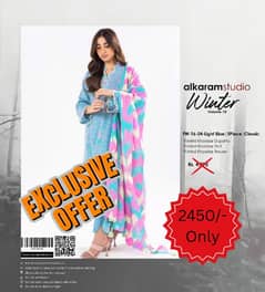 ALKARAM VINTEX PEACH 3pcs /UNSTITCHED/NEW LATEST WINTER COLLECTION