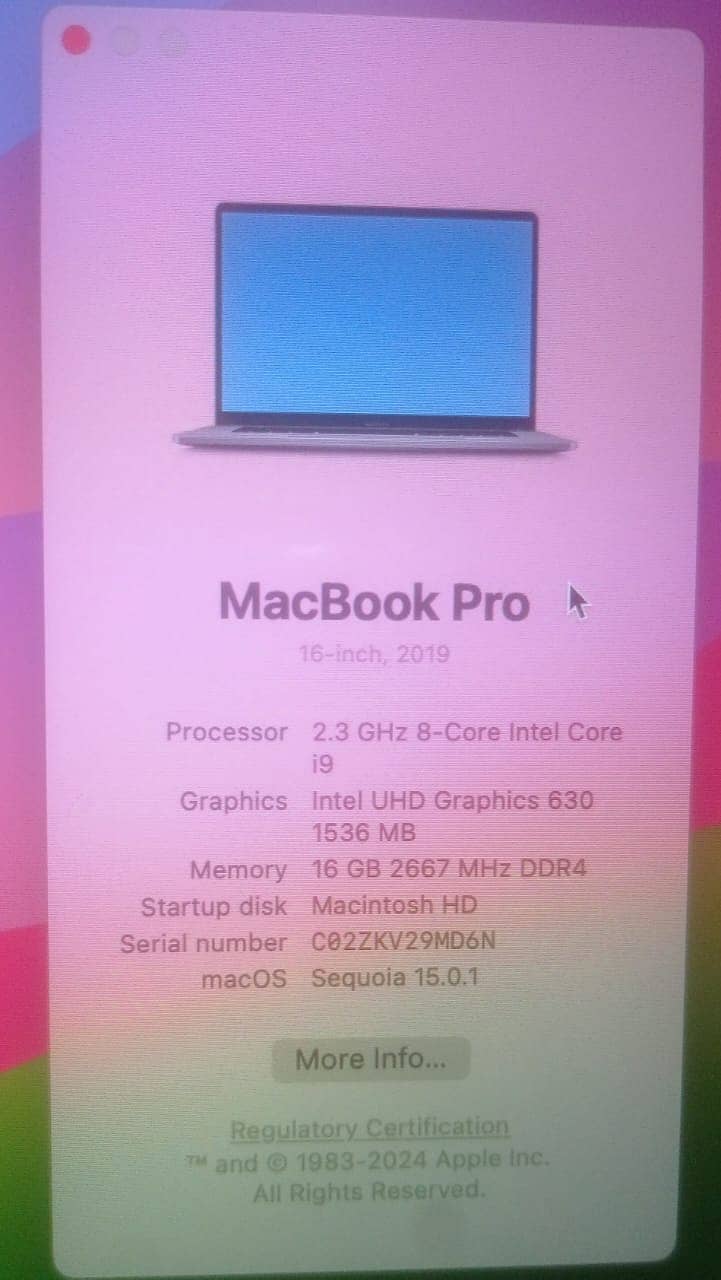 MacBook Pro 2019 16 Inch Core i9 16GB, 1TB SSD, 4GB graphic Card 0