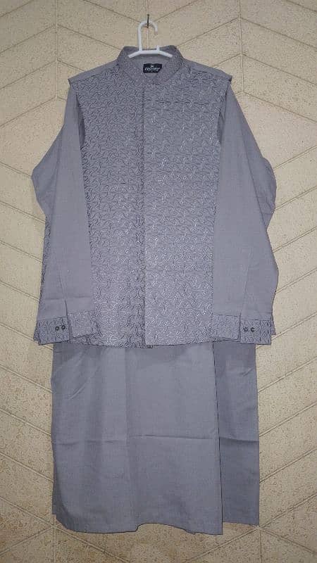 New branded regular fit shalwar with waist coat  - color grey - 30 (L) 0