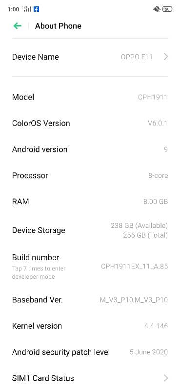 oppo f11 8 gb ram. 256gb mamory condition 10 by 10 with chargerl 5