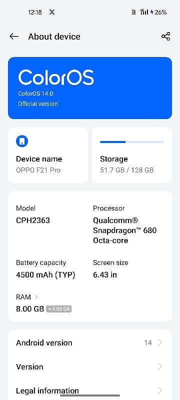 oppp F21 pro 8+4 GB ram 128 GB All ok 3