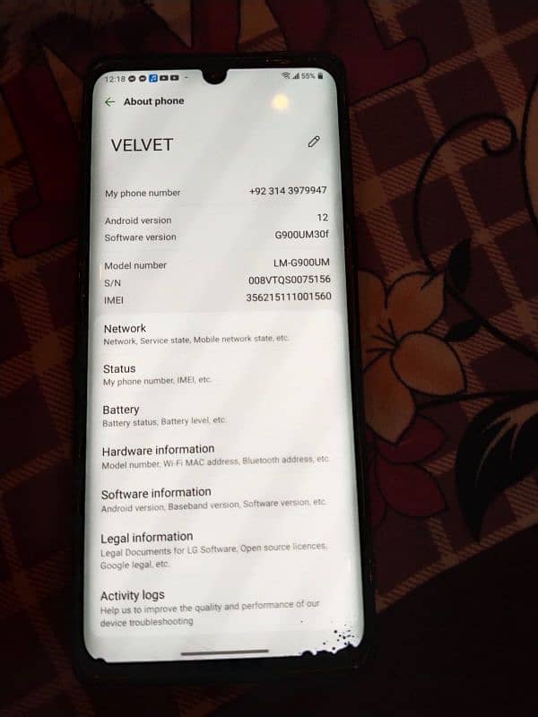 LG velvet 6,128 Non pta but sim chla ri hai nija dot hai screen per 3