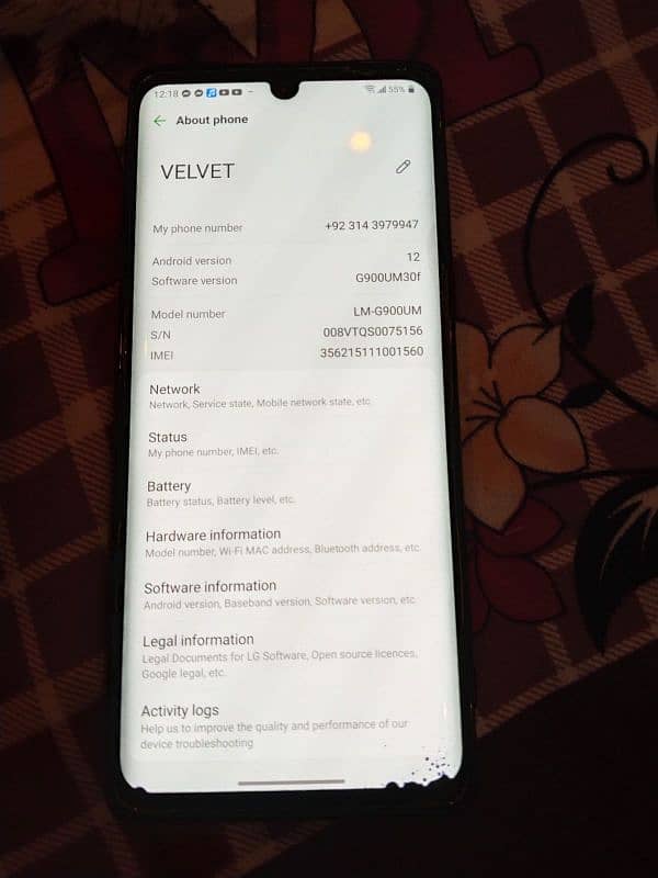 LG velvet 6,128 Non pta but sim chla ri hai nija dot hai screen per 5