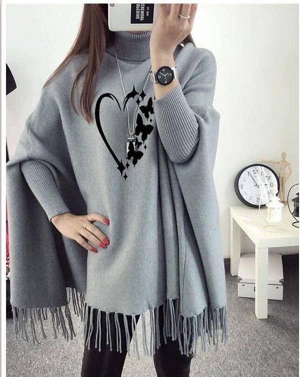 women’s polyester heart printed poncho cape shawal 2