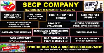 SECP COMPANY REGISTRATION- NAME CHANGE-RETURNS FBR- NTN- TAX RETURNS-