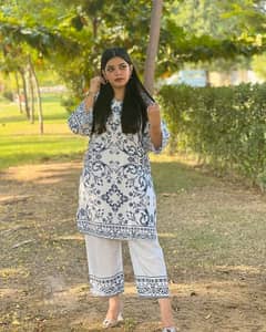  2 Pc womens stitched linen printed dress