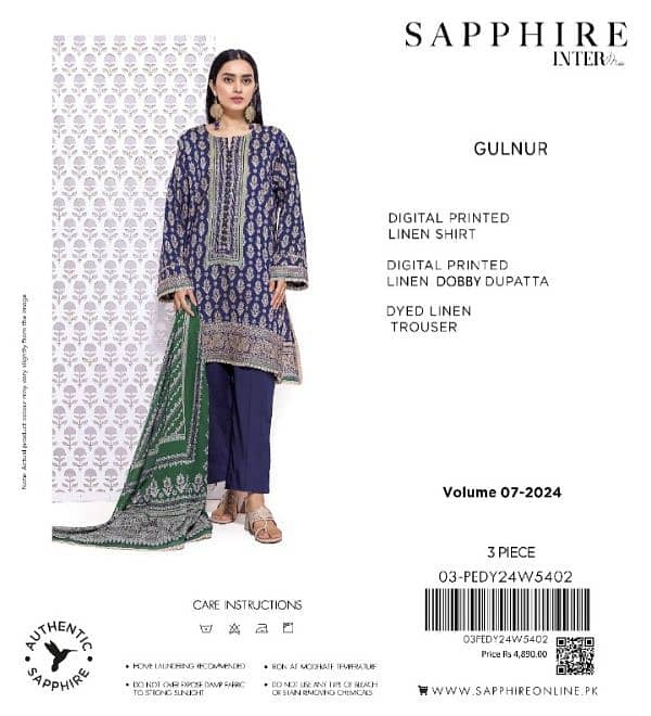 SAPPHIRE LINEN /3PCS/UNSTITCHED/LADIES SUITS 1