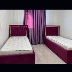 single bed, single poshish bed, wardrobe, dressing table, bed