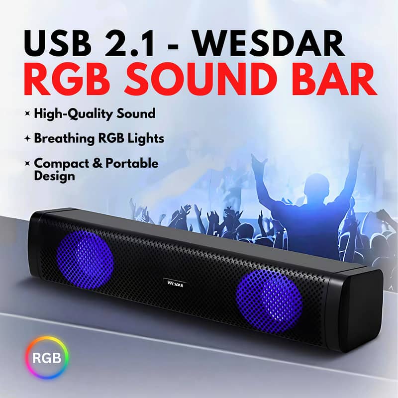 RGB USB Mini Sound Bar – Portable 2.1 Stereo Speaker for Laptop & Desk 0