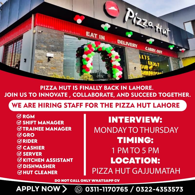 Required Staff for Piza Hut/Hiring Staff Male /Female 0