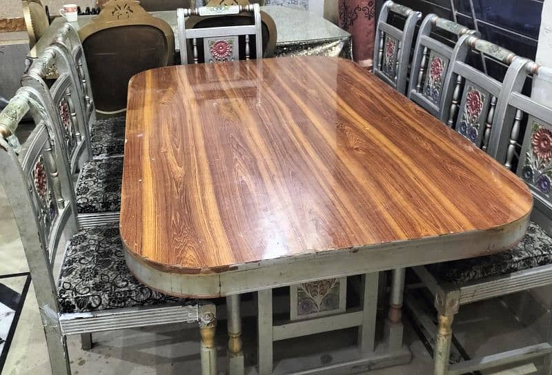 pure wooden dining table with eight chairs condition new jaisi 3