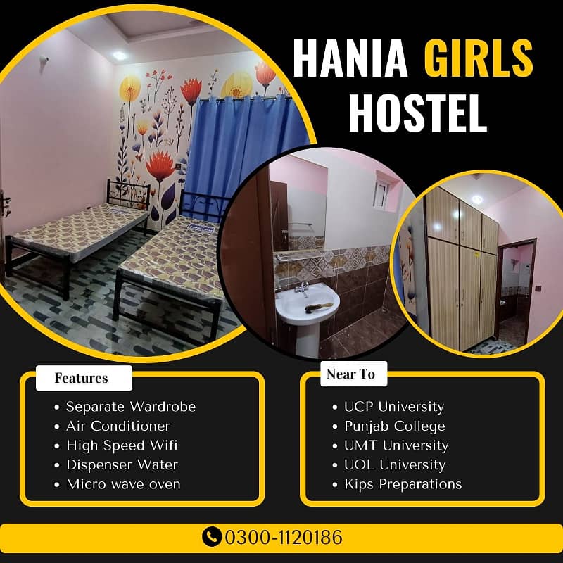 Brand new Fully Furnished girls hostel in share Two or three seaters Room available for rent job holders or students near ucp University or shaukat khanum hospital or UOL University or UMT University or Emporium Mall or expo center 5