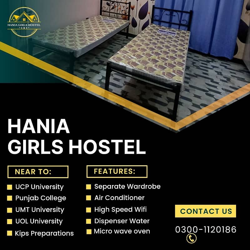 Brand new Fully Furnished girls hostel in share Two or three seaters Room available for rent job holders or students near ucp University or shaukat khanum hospital or UOL University or UMT University or Emporium Mall or expo center 6