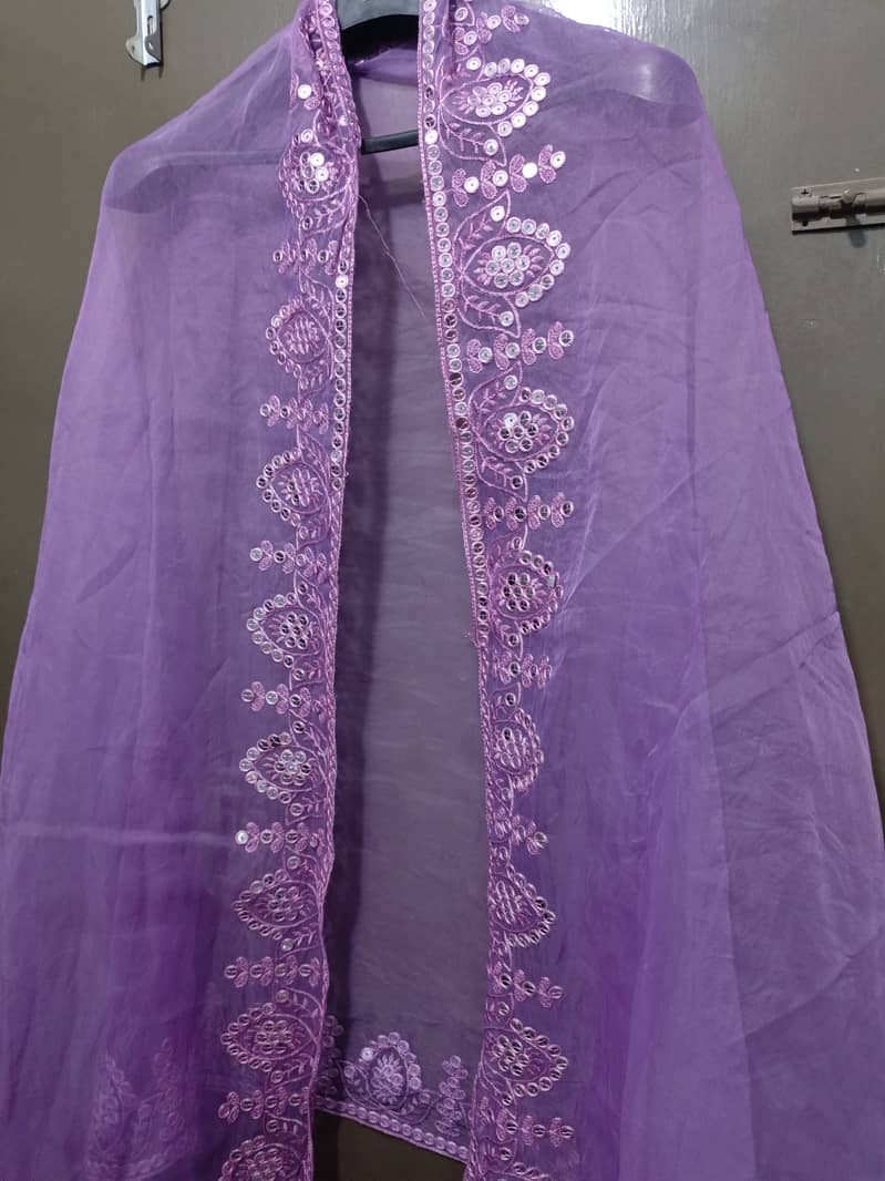 3 pcs lehanga with organza dupatta beige with lavender dupatta 2