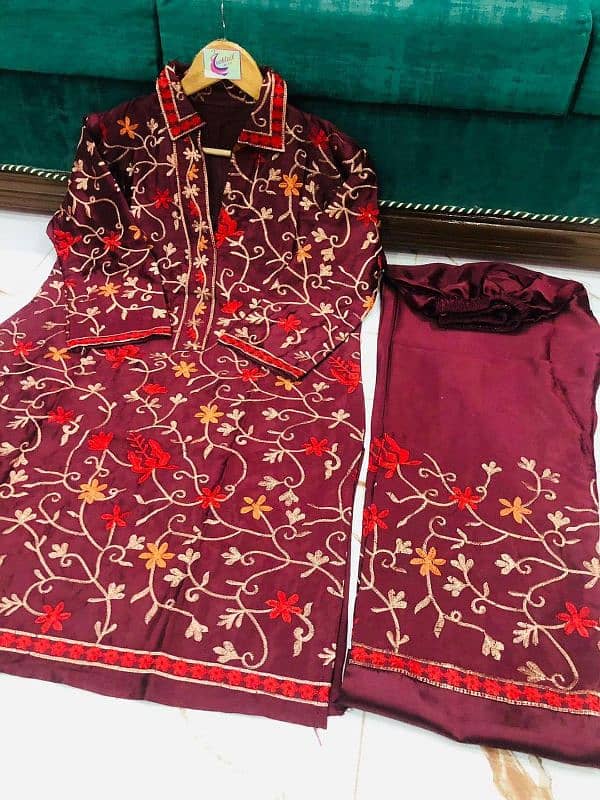 2 Pcs Women's Stitched Katan Silk Embroidered Shirt And Trouser 1