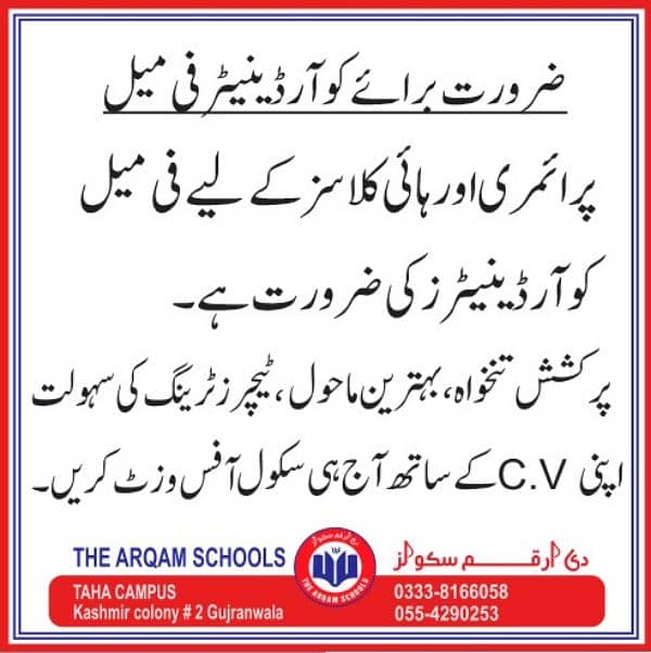 Female Coordinators required for Primary and High Classes. 0