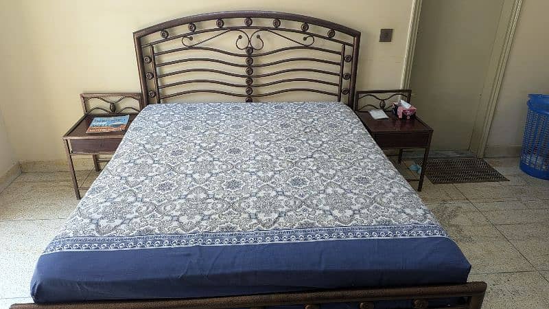 Rod Iron Queen Size Bed with side tables and spring mattress 2