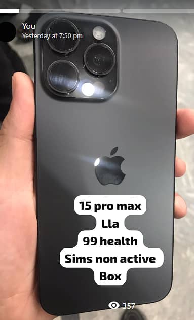 IPHONE 15 PRO MAX LLA 512 BLACK SIMS NON ACTIVE 99 HEALTH BOX 0