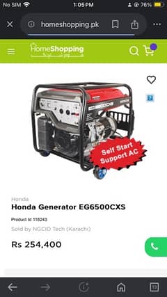 HONDA EG6500CXS GENERATOR PETROL AND GAS