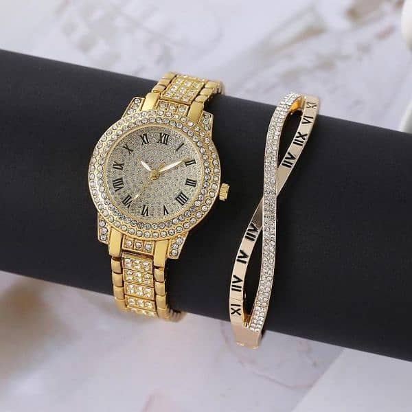 Woman's Diamond Artificial Set -Roman Watch - Gold 1