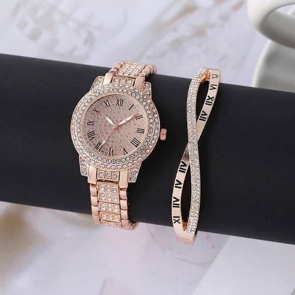 Woman's Diamond Artificial Set -Roman Watch - Gold 2