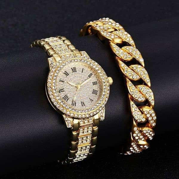 Woman's Diamond Artificial Set -Roman Watch - Gold 4