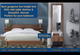 low height platform bed with side tables + dresser