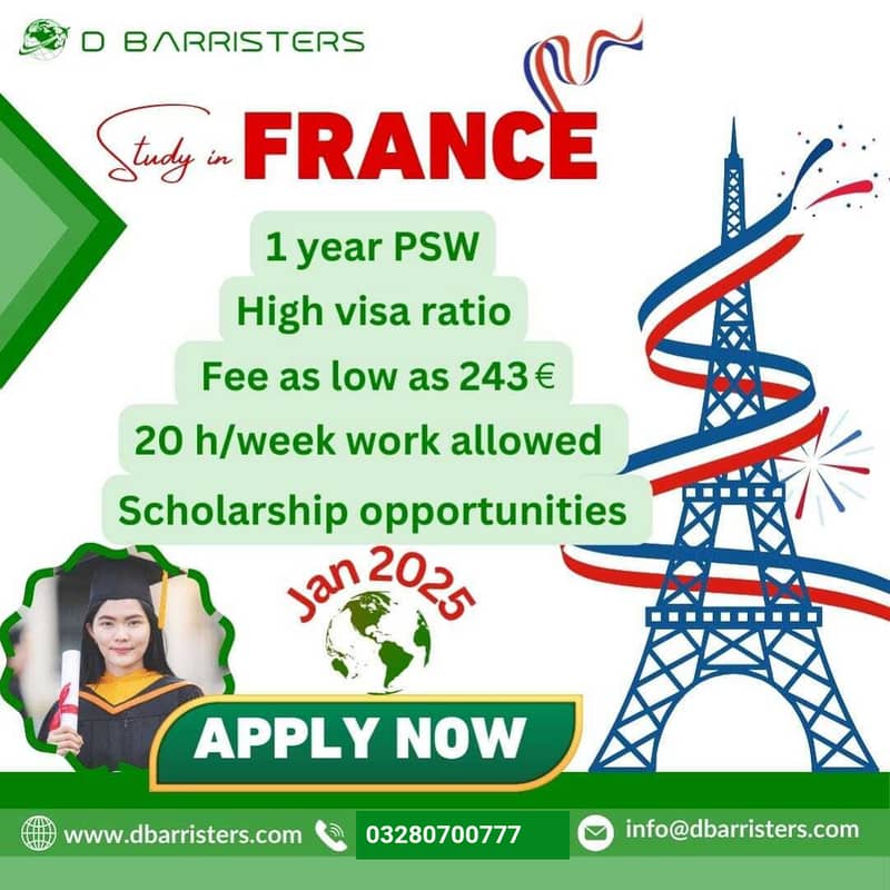 Study visas in FRANCE & take 100 % scholarship, Visit Visas Services 0