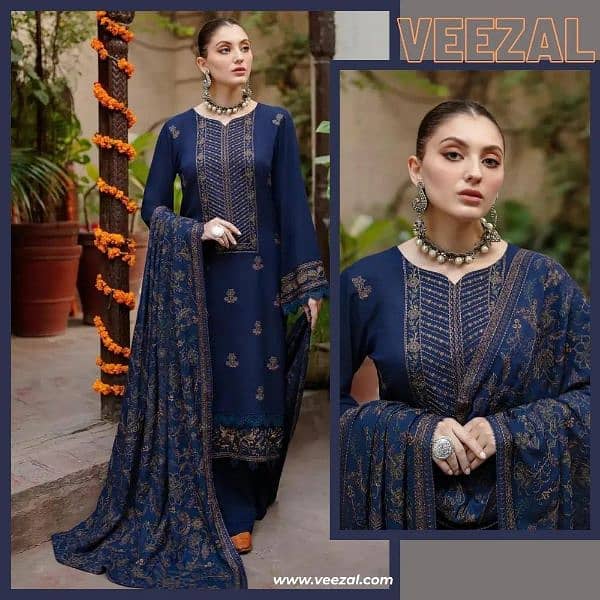 3 PCs Women's unstitched Dhanak Embroidered Suit 3