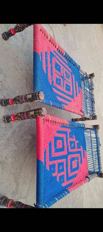 Two wooden traditional charpai colorful 3