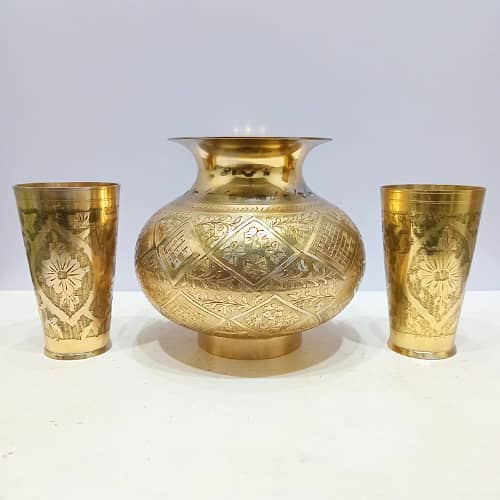 Vintage Hand-Crafted Engraved Brass Water Lota/Pot with 2 Glasses 0