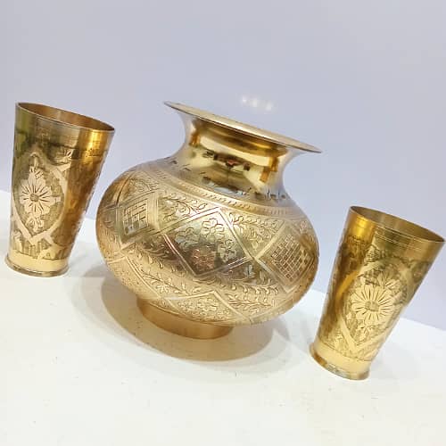 Vintage Hand-Crafted Engraved Brass Water Lota/Pot with 2 Glasses 1