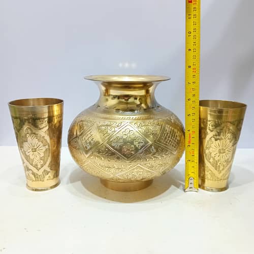 Vintage Hand-Crafted Engraved Brass Water Lota/Pot with 2 Glasses 3