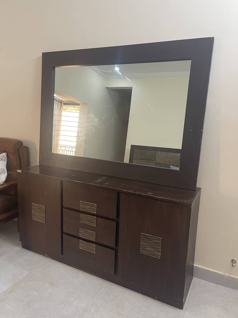 Double bed with mattress, side tables, dressing table for sale isb 2