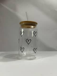 Cute Glass with wooden lid and glass straw. cute and Printresty