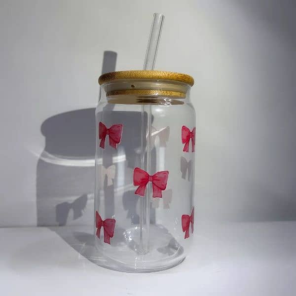 Cute Glass with wooden lid and glass straw. cute and Printresty 1