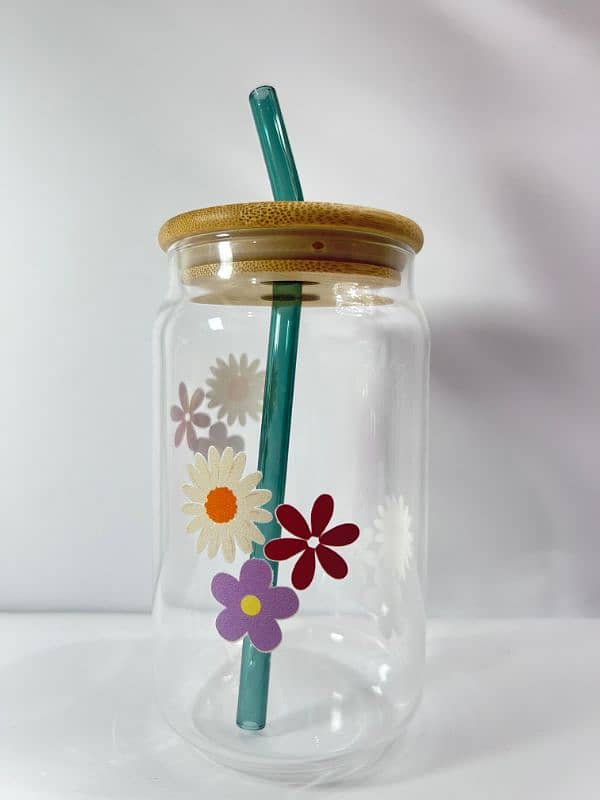 Cute Glass with wooden lid and glass straw. cute and Printresty 3