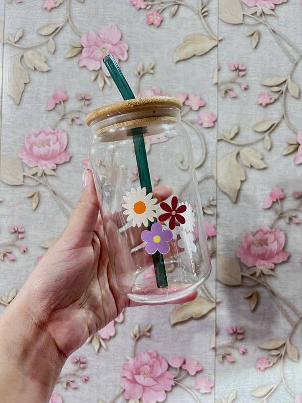 Cute Glass with wooden lid and glass straw. cute and Printresty 4