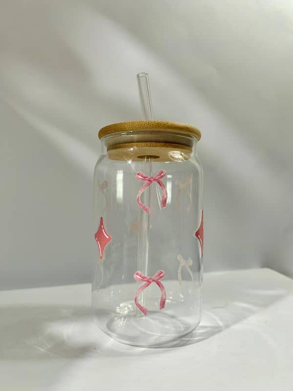 Cute Glass with wooden lid and glass straw. cute and Printresty 5