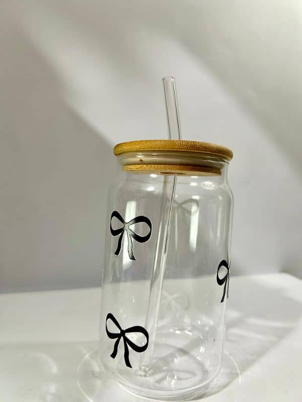 Cute Glass with wooden lid and glass straw. cute and Printresty 6