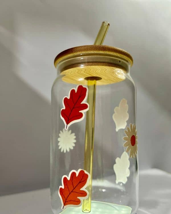 Cute Glass with wooden lid and glass straw. cute and Printresty 7