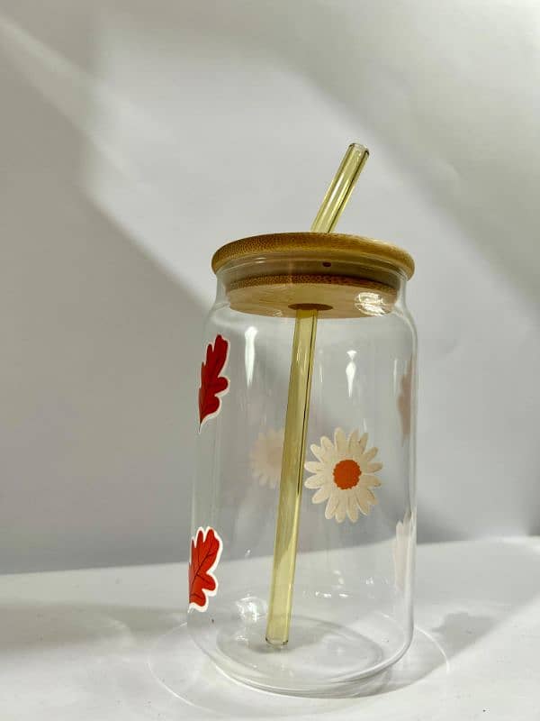 Cute Glass with wooden lid and glass straw. cute and Printresty 8