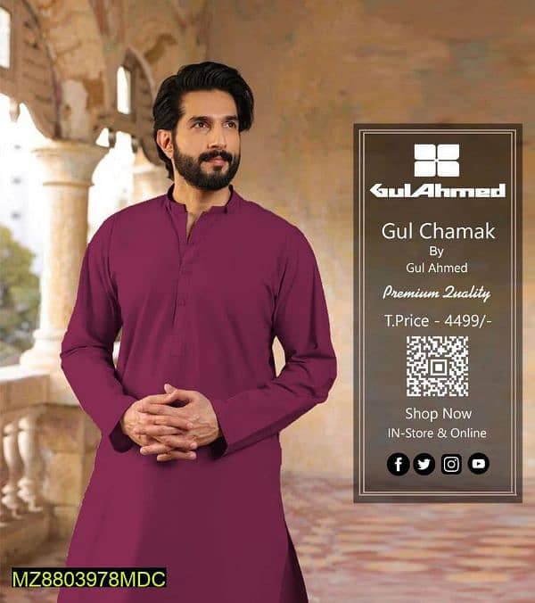 Men's Unstitched Chamak Cotton Plain Suit 0