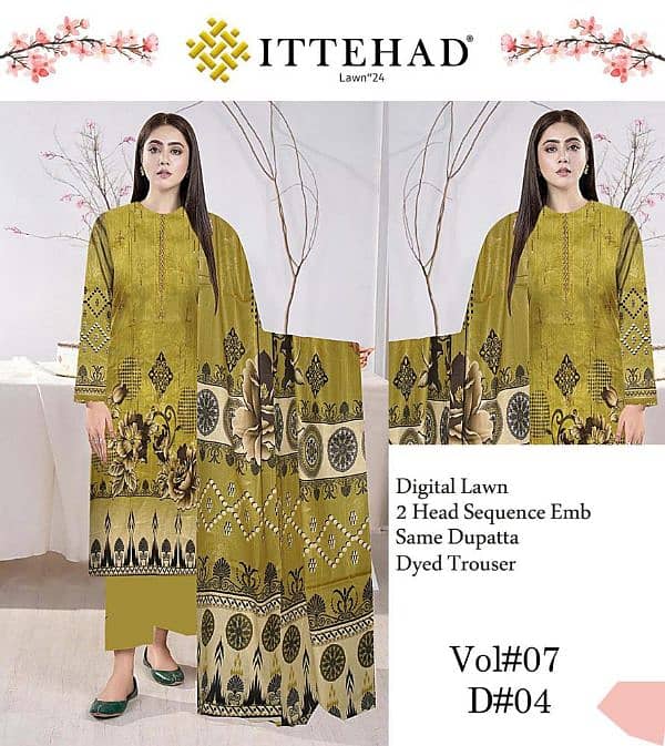 3 Pcs Womens Unstiched Lawn Digital Print Suit 3