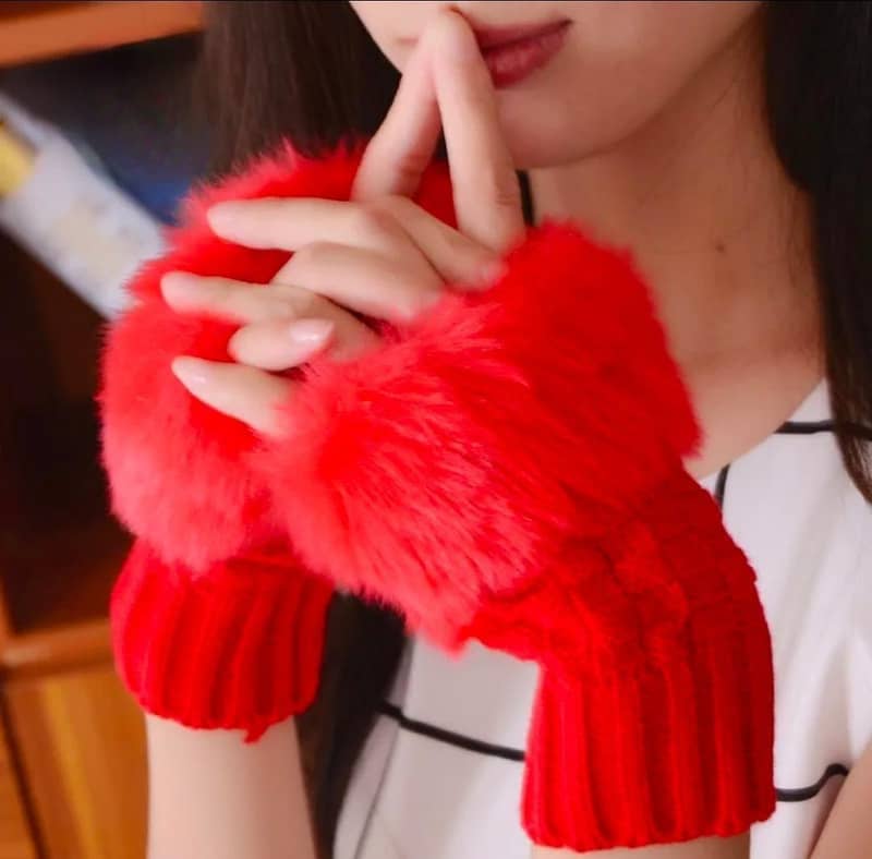 2 Pcs Jersey Plain Fur Fingerless Gloves 8