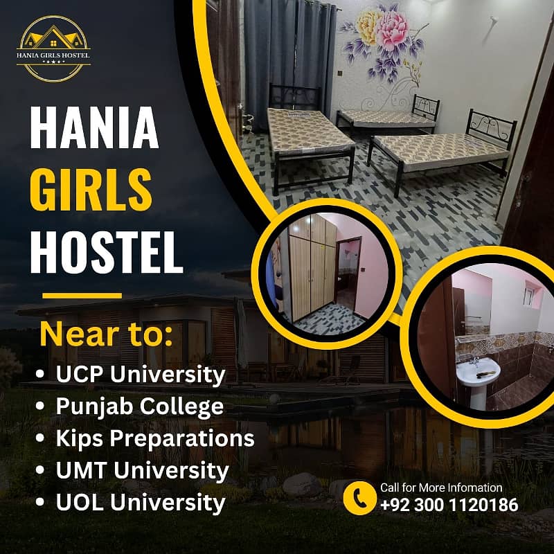 Brand new 1st Entry girls hostel Seats available for rent job holders or students near ucp University or shaukat khanum hospital or UOL University or UMT University or Emporium Mall or expo center 0